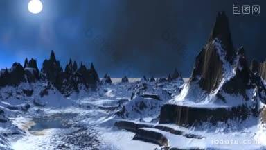尖利的山峰被积雪覆盖，耸立在一个寒冷的梦幻星球上，在黑暗的天空蓝色明亮